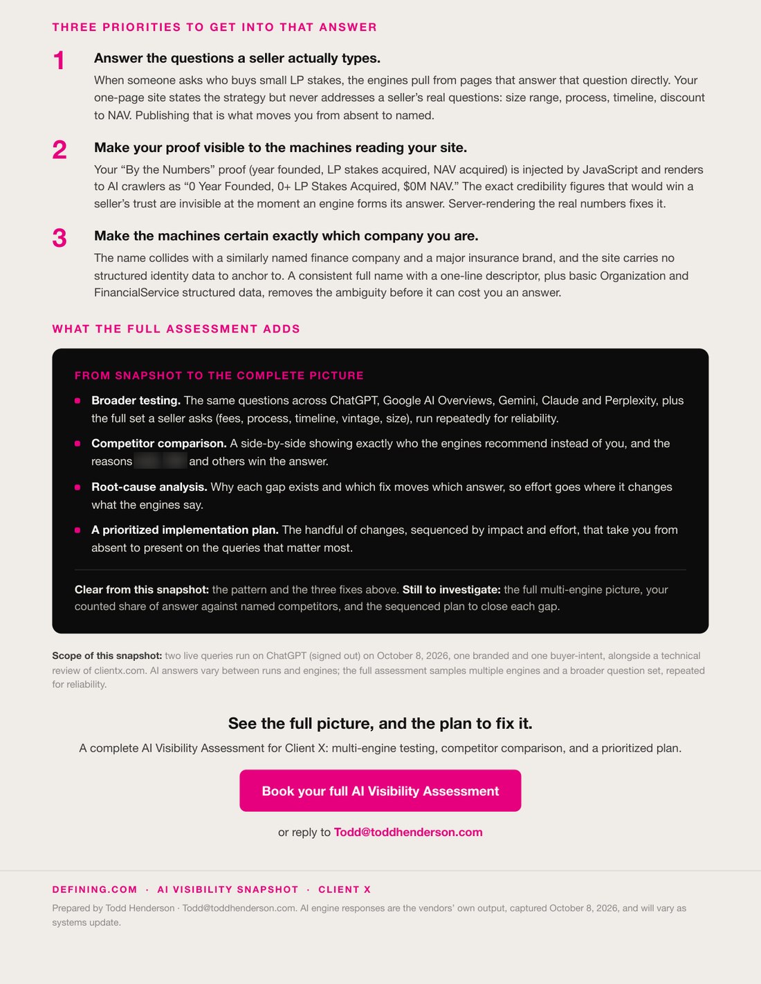 Sample AI Visibility Snapshot, page two: three ranked priorities and what the full assessment adds